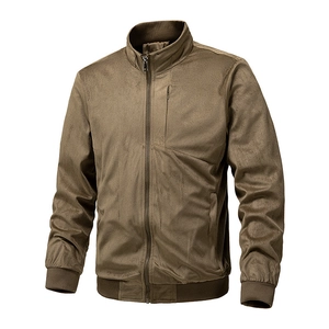 Men's retro brown faux suede jacket with stand collar and zipper pockets, slim fit style