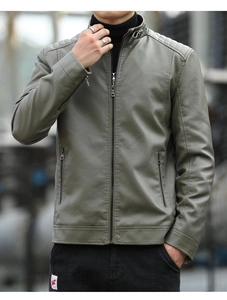 Detail of shoulder quilting and stand collar on men's gray motorcycle leather jacket