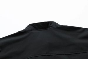 Detail of black flight jacket stand collar showing high-quality double-stitched seams