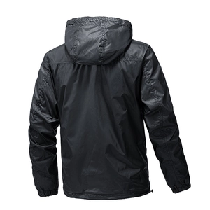 Men's lightweight black hooded windbreaker jacket with elastic cuffs and back view