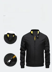 Detail view of stylish black stand collar jacket with high-quality zipper and yellow lining