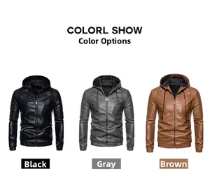 Three colors of men's slim fit hooded PU leather jackets in black, grey, and camel brown