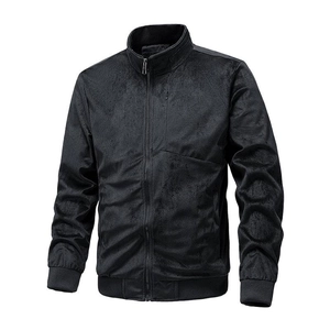 Men's retro black suede bomber jacket with full zip and ribbed cuffs on white background