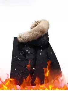 Close-up of black parka jacket featuring thick white duck down and fluffy faux fur hood