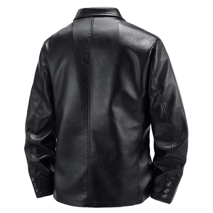 Slim fit black leather jacket for men featuring back view design and premium texture details