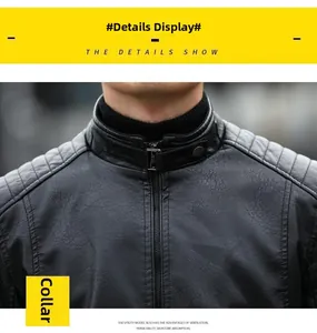Close-up of black biker leather jacket featuring a stand collar and metal buckle detail
