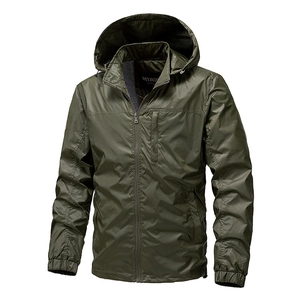Men's lightweight hooded windbreaker jacket in olive green featuring multiple zipper pockets