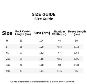Detailed size guide table for men's hooded PU jacket with measurements in centimeters