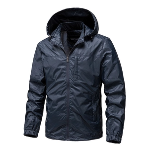 Men's navy blue lightweight hooded windbreaker jacket with full-zip front and outdoor style