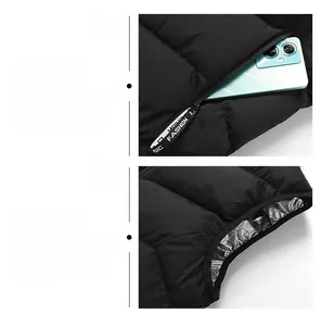 Detail view of water-resistant quilted vest showing secure zipper pocket and sleek armhole