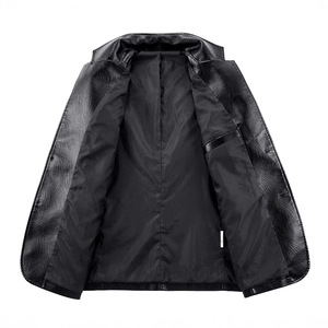 Men's slim fit black leather blazer jacket with stylish lapel and inner pocket detail