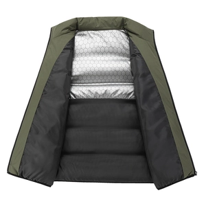 Men's olive green thermal puffer vest with stand collar and heat-reflective lining