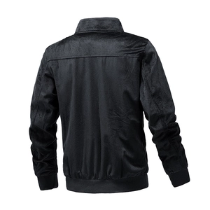 Men's black minimalist pilot jacket with high stand collar and ribbed hem back view