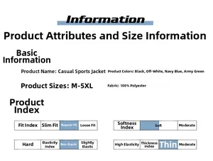 Size chart for casual sports jackets in black and navy showing 100% polyester fabric