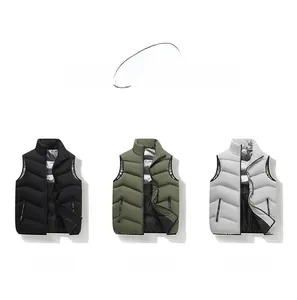 Detail view of quilted puffer vests in black, army green and khaki with stand collar