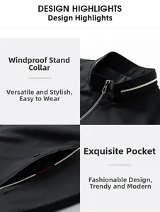 Detailed views of windproof stand collar and pocket craftsmanship on black men's jacket