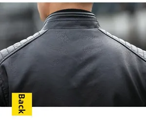 Detail view of the stand collar and quilted shoulder patterns on a black leather jacket