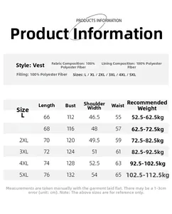 Size chart for men's waterproof padded vest showing L to 5XL dimensions and polyester details