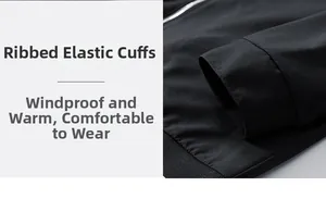 Detail of elastic ribbed cuffs and metal zipper on black windproof men's jacket