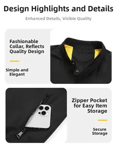 Détail de la veste noire avec doublure jaune au col et poche zippée pratique