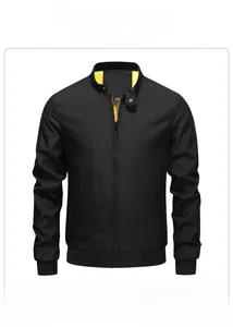 Front view of black casual jacket with yellow lining, ribbed cuffs and zipper pockets