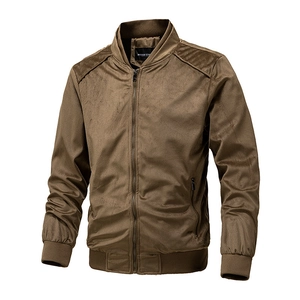 Men's slim fit dark brown faux suede bomber jacket with ribbed cuffs and stand collar