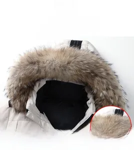 Detail of detachable faux fur collar on a warm winter parka with zoom-in fabric view