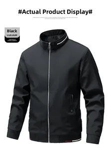 Detailed view of men's slim jacket with metal zipper and striped ribbed hem detail