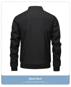 Back view of a sleek black bomber jacket featuring ribbed cuffs and satin finish fabric