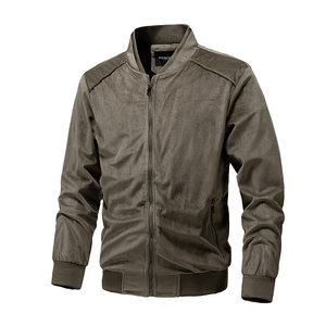Men's slim fit faux suede bomber jacket with ribbed collar and zip pockets in olive green