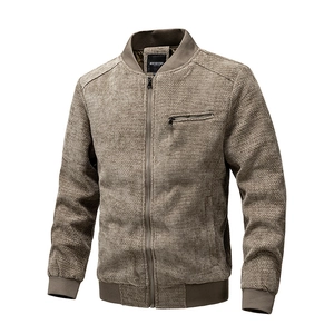 Men's retro textured zip-up bomber jacket in earth brown with ribbed cuffs and stand collar