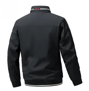 Back view of black men's slim fit windproof jacket with red and white striped ribbed trim