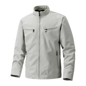 Men's light grey casual jacket with standing collar and four functional zip pockets