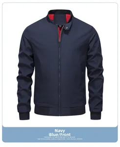 Front view of navy casual jacket with red lining and ribbed cuffs on white background