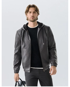 Detail of hooded PU leather jacket featuring drawstring hood and elastic cuffs in dark grey