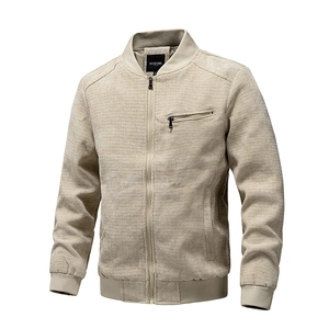 Light beige textured bomber jacket with full zip and chest pockets for men