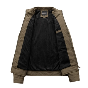 Men's brown stand collar fleece jacket with windproof shell and black plush lining