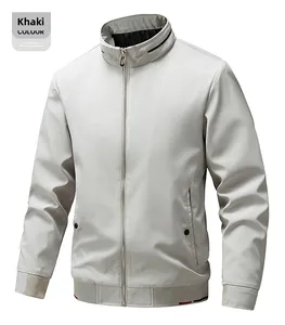 Detailed view of khaki windproof jacket with stand collar and metallic zipper finish