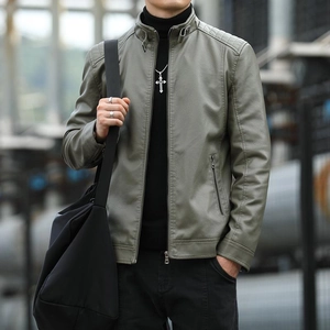 Men's Fashion PU Leather Jacket Moto Style Stand Collar Slim Fit Autumn Casual Coat Plus Fleece Lined Windproof Outerwear