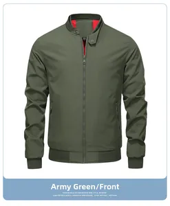 Front view of army green men's bomber jacket with red lining and metal zip pockets