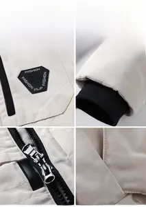 Detail view of winter parka featuring fashion chest badge and ribbed windproof cuffs