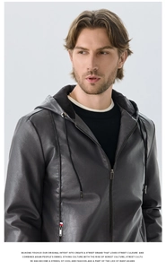 Detail of grey PU leather jacket with hood, soft fleece lining and metal zipper