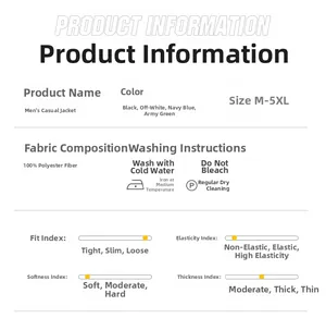 Tableau des tailles pour veste homme 100% polyester avec instructions de lavage