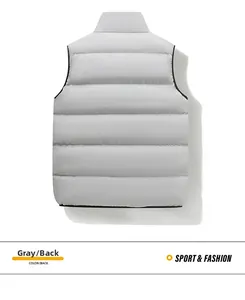 Rear view of gray quilted vest showing stand-up collar and matte waterproof fabric texture