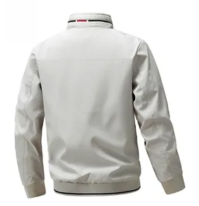 Back view of men's slim fit casual jacket with striped ribbed cuffs and stand collar