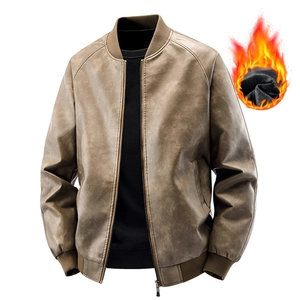 Blouson aviateur homme en cuir PU marron avec doublure polaire chaude et col montant