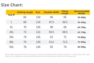 Tableau détaillé des tailles pour veste homme avec col baseball, allant du M au 5XL