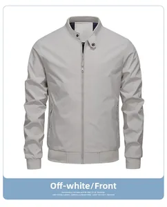 Front view of beige stand collar bomber jacket with zip pockets and ribbed cuffs