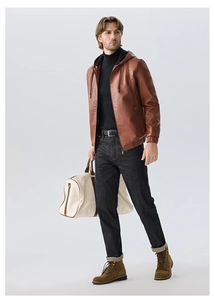Mens classic brown hooded PU leather jacket with a textured finish and ribbed cuffs