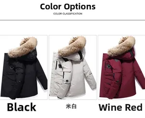 Detailed views of hooded puffer parkas with thick fur trim in black, beige, and wine red